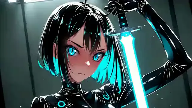 Video preview: Cyan cyberpunk swordswoman — A stylized adult cyberpunk swordswoman with short black hair raises a glowing cyan blade in a dark futuristic setting.