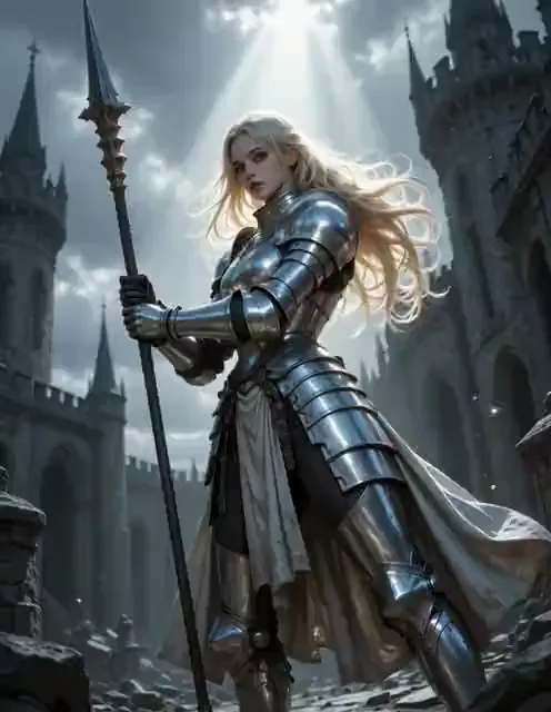 Video preview: Silver winged guardian — An adult fantasy guardian in silver armor stands with white wings and a sword against a dramatic stone fortress.