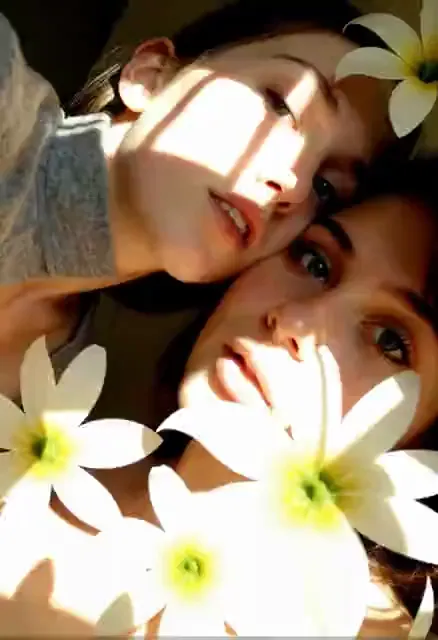 Video preview: Sunlit double portrait — Two adult women in a close cinematic portrait, patterned sunlight and delicate flowers, gentle facial movement.