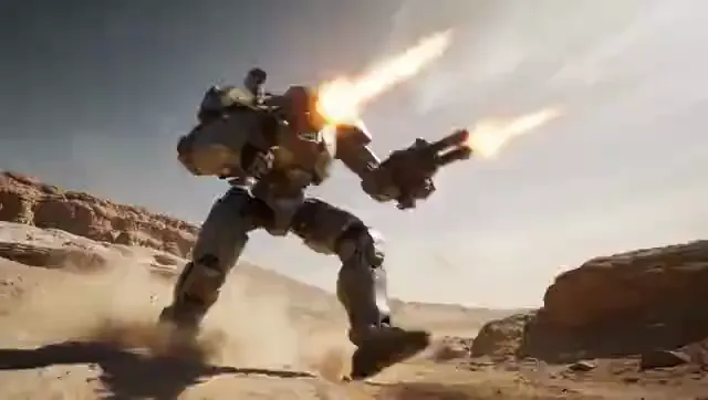 Video preview: Mecha awakening — A futuristic combat robot unfolds and moves forward, mechanical detail and dynamic cinematic camera movement.