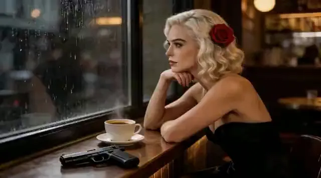 Video preview: Cafe window portrait — An adult woman sits beside a cafe window with a warm drink, gentle head movement and cinematic ambient light.