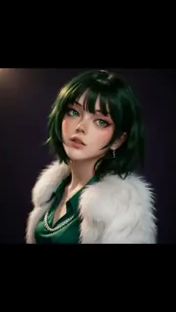 Video preview: Emerald-hair fashion portrait — An adult woman with dark green hair and a light jacket poses against a dark background, expressive eyes and subtle portrait movement.