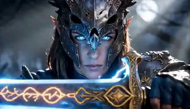 Video preview: Blue sparks duel — An adult armored heroine parries an attack, blue sparks scatter in a cinematic fantasy action scene.