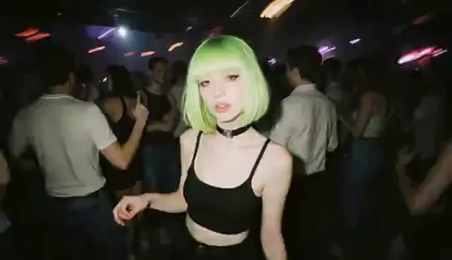 视频封面：霓虹派对人像 — 鲜艳发色的成年女性在彩色派对灯光下舞动，人群氛围背景与电影人像镜头。