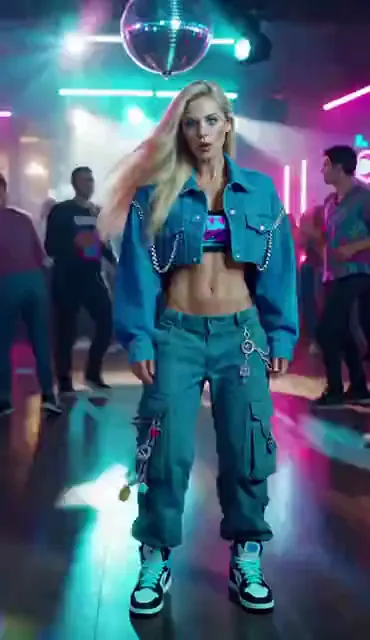 Video preview: Neon corridor traveler — An adult woman with pale blue hair and a blue utility outfit walks through a futuristic neon-lit interior.