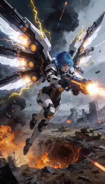Video preview: Winged mech over a ruined city — A blue-haired winged mech hovers above a ruined city with glowing thrusters and swirling debris.