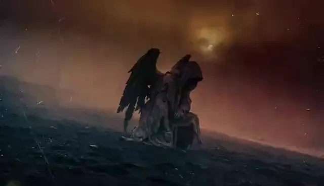 Video preview: Winged sentinel in the rain — A dark winged sentinel kneels beside a stormy sea under an amber sky, with rain and wind moving around the figure.