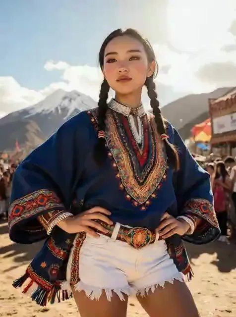 Video preview: Festival dancer — An adult woman in a blue traditional outfit performs a festival dance, joyful expression and natural sunlight.