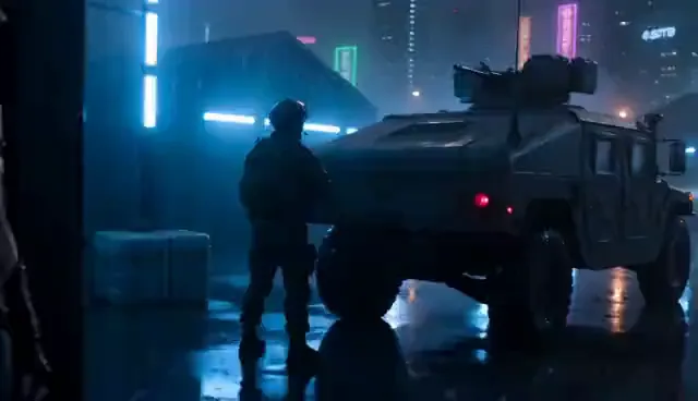 视频封面：霓虹夜巡 — 未来都市夜巡，越野车停在蓝色霓虹灯下，镜头缓慢移动。
