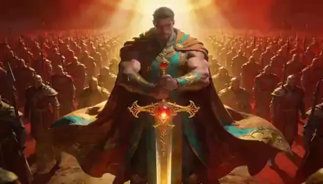 Video preview: Armored commander — An adult armored commander stands before ranks of soldiers, measured sword movement and warm cinematic battlefield lighting without gore.