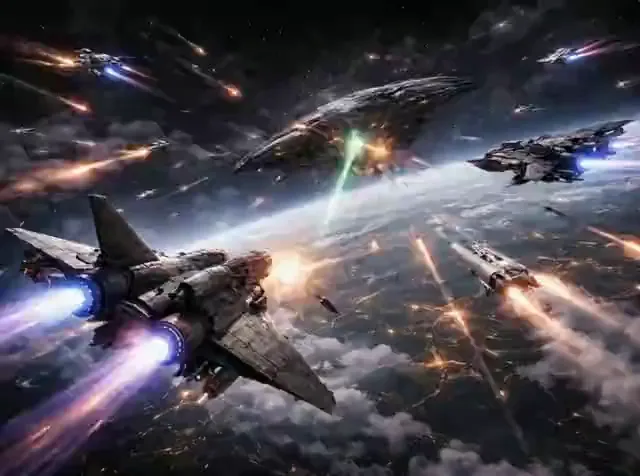 Video preview: Orbital fleet encounter — Massive spacecraft meet in orbit amid distant bursts of light, cinematic science-fiction scale and moving ships.