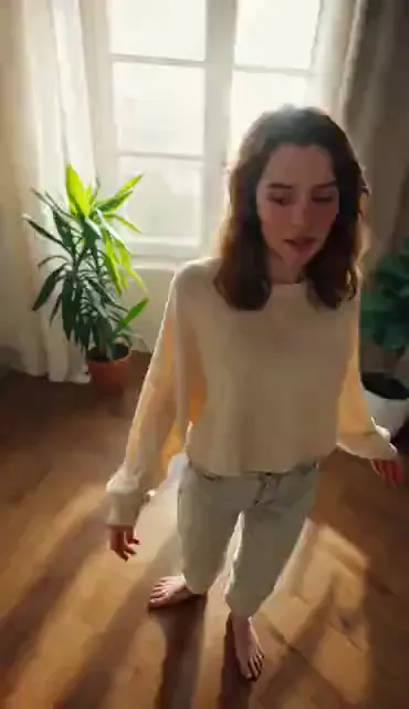 Video preview: Soft daylight fashion — An adult woman in a light casual outfit turns gently in a softly lit interior, relaxed expression and natural daylight.