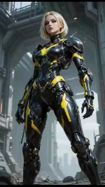 Video preview: Transforming armor rider — An adult rider in black and yellow futuristic armor transforms into a motorcycle inside an industrial hangar, cinematic mechanical…