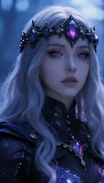 Video preview: Silver-haired fantasy portrait — An adult silver-haired woman with an ornate floral headpiece makes a subtle expression as the camera moves closer, soft fantasy…