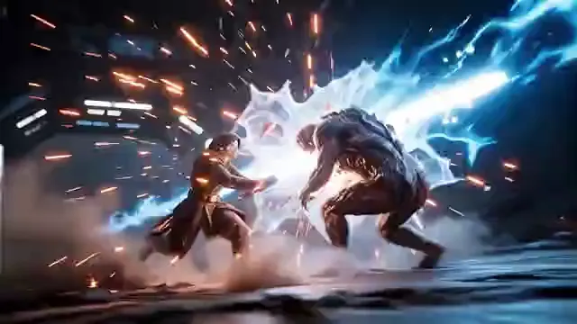 Video preview: Blue energy duel — A cinematic science-fiction duel with blue energy blades, sparks and fast forward movement.