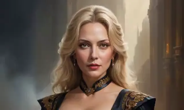 Video preview: Golden hall portrait — An adult blonde woman in an ornate dark gown turns toward the camera in a golden hall, gentle light and natural expressions.