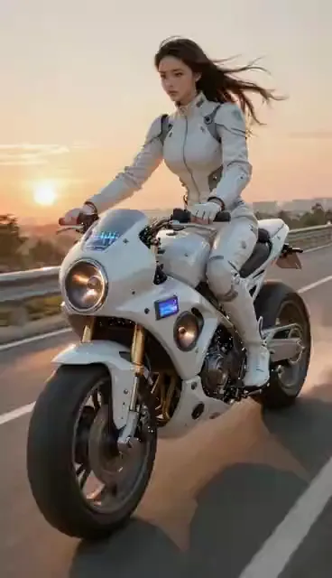 Video preview: Sunset motorcycle portrait — An adult woman rides a white motorcycle along an open road in warm sunset light, hair moving in the wind.