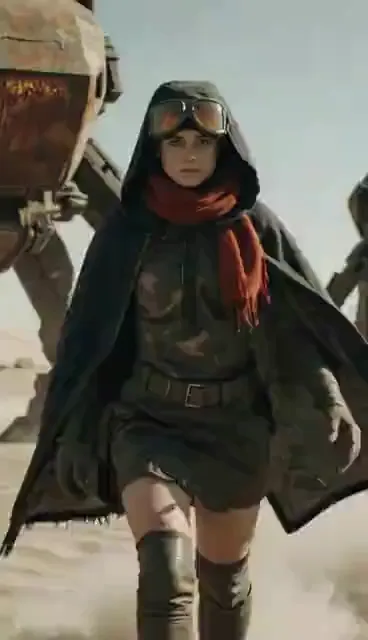 Video preview: Desert explorer — An adult woman in rugged expedition clothing walks through a dusty science-fiction outpost.