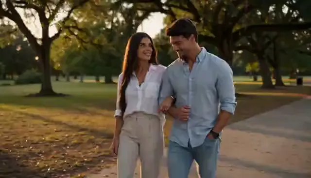 Video preview: Walking together — An adult couple walks together under warm light, natural expressions and a gentle tracking camera.