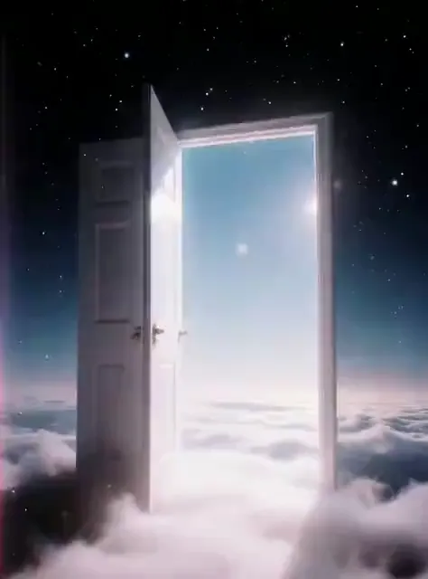 Video preview: Doorway beyond the clouds — An adult silhouette approaches a glowing doorway opening onto clouds, surreal science-fiction atmosphere and gentle camera motion.