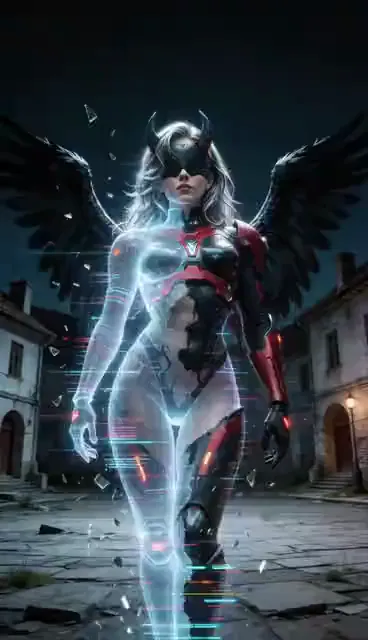Video preview: Silver android awakening — A silver winged android walks forward, then hovers above a dark futuristic city with glowing blue accents.