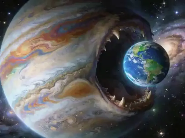 Video preview: Planet devourer — A surreal giant planet opens a cosmic mouth around a smaller blue world, swirling clouds and dramatic science-fiction scale.