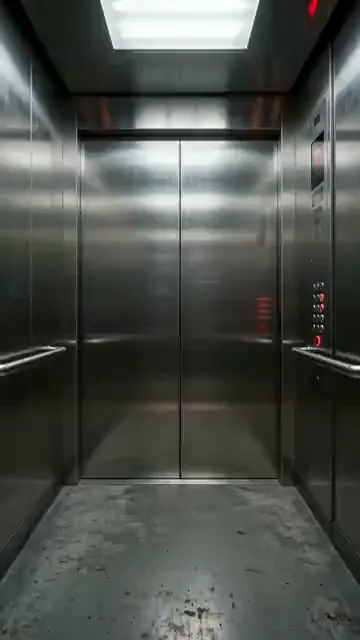 Video preview: Elevator to another world — An ordinary metal elevator opens onto a surprising futuristic space, dramatic contrast and a slow camera reveal.