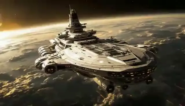 Video preview: Colossal starship passage — An enormous white starship travels through a distant planetary sky, detailed hull structures and cinematic scale.