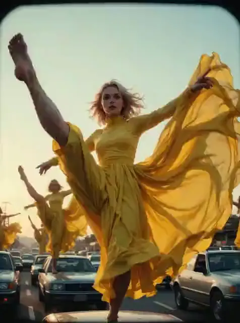 Video preview: Yellow-dress city dancer — An adult dancer in a flowing yellow dress performs on a city street, sweeping fabric and energetic cinematic movement.