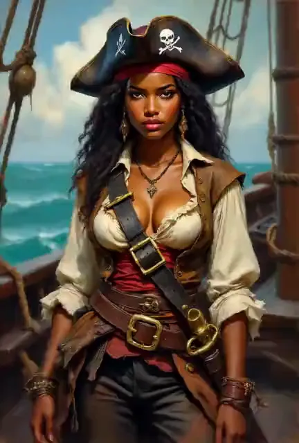 Video preview: Pirate captain portrait — An adult pirate captain in an elaborate outfit poses on a ship, confident expression and cinematic character motion.