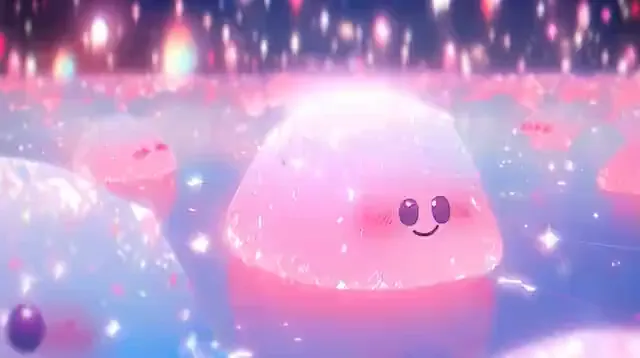 视频封面：发光果冻花园 — 柔彩果冻小生物在魔法花园里发光，闪烁颗粒与轻柔俏皮的动作。