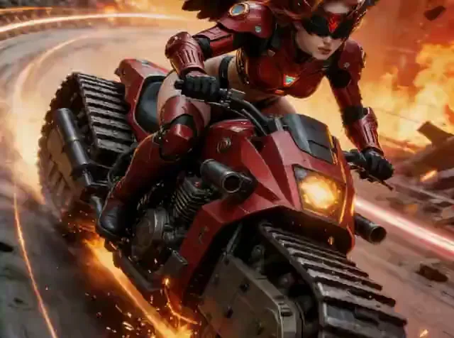 Video preview: Red armored motorcycle chase — A red armored rider leans into a turn on a futuristic motorcycle as sparks and fire light the road.