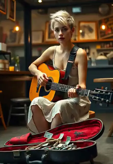 Video preview: Guitar performance — An adult female guitarist performs in a cozy interior, moving hands and expressive portrait framing.